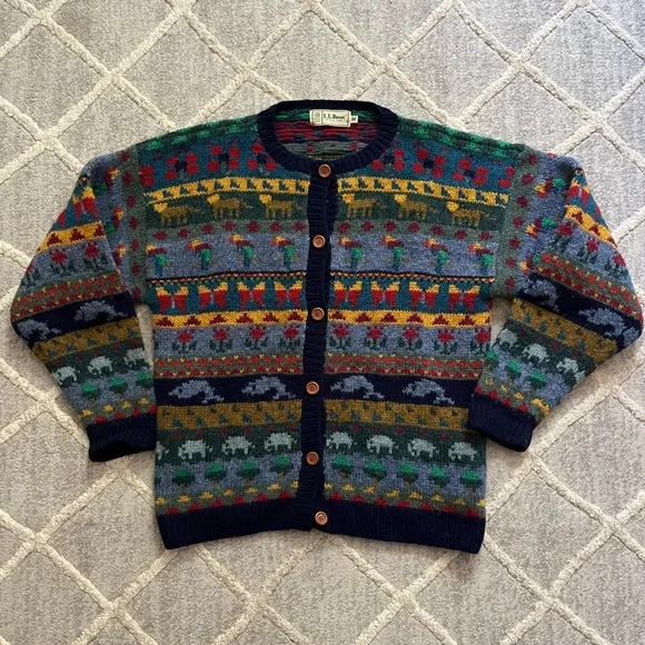 Vintage LL Bean Animal Cardigan Sweater - Picture 2 of 6